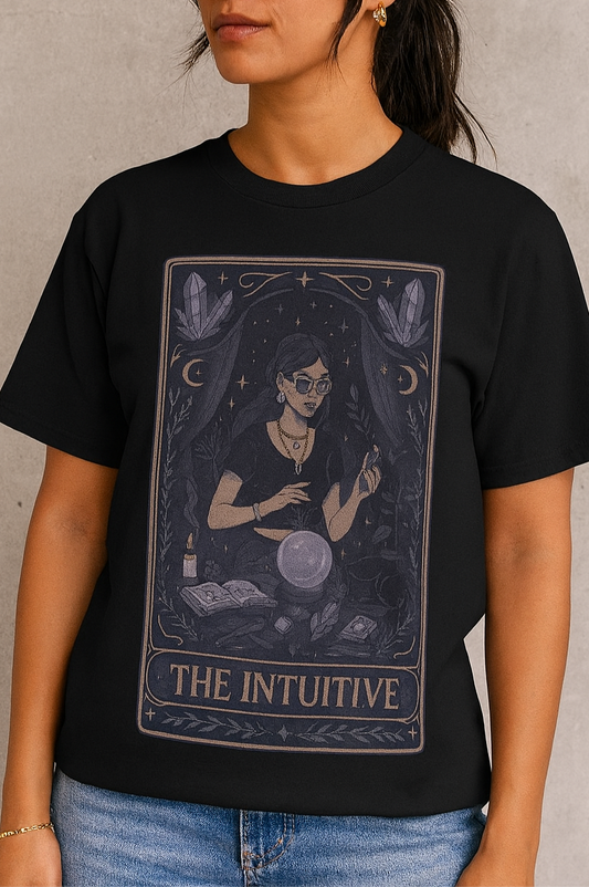 Intuitive Tarot Tee displayed on a model wearing a black premium 100% cotton t-shirt, featuring a mystical tarot design perfect for fans of spirituality and tarot reading.