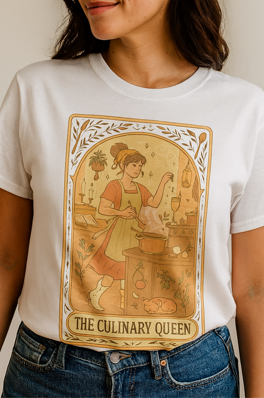 Model wearing the Culinary Queen Tarot Tee in white, showcasing a unique design featuring a culinary-themed illustration.