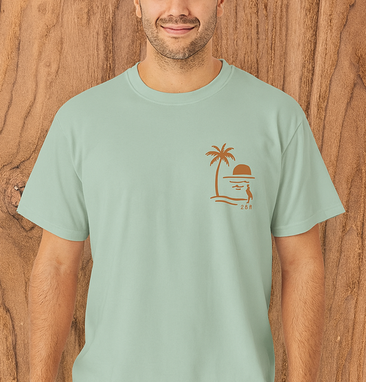 Unisex Sunset Palm Tree T-Shirt in mint color featuring a palm tree and sun design, perfect for casual wear.