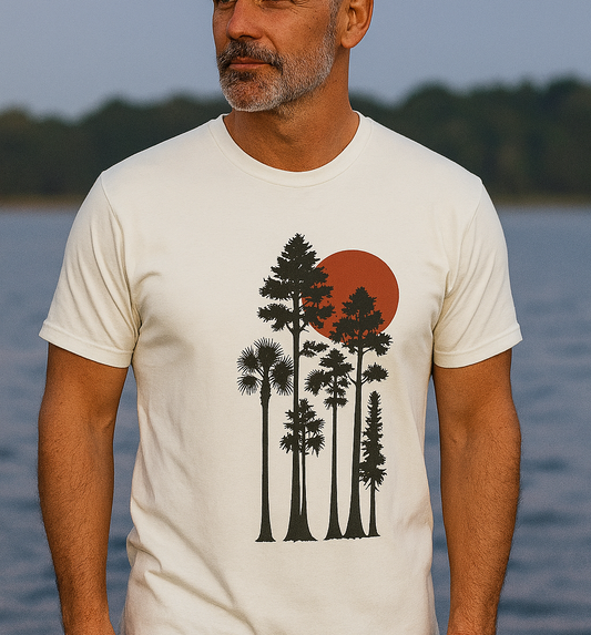 Sunset Trees Unisex T-Shirt displayed on a model by the water, showcasing the soft 100% cotton fabric and tranquil tree design, perfect for nature lovers.