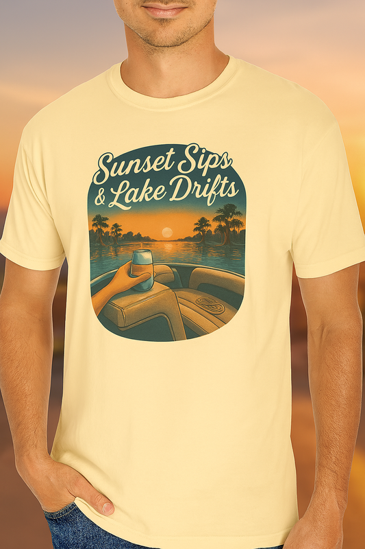 Lake Drifts T-Shirt featuring a vintage design of a sunset and a drink on a boat, perfect for casual summer outings.