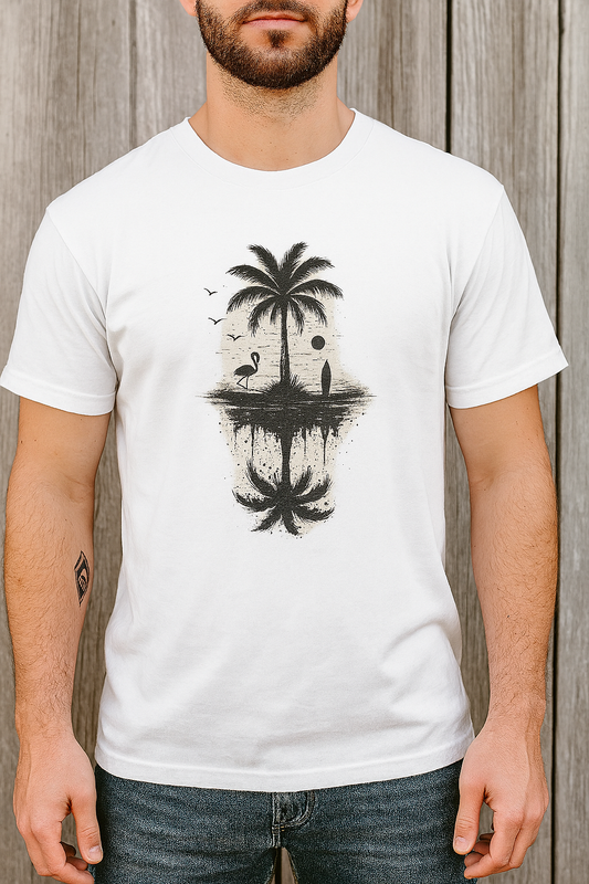 Tropical Sunset Graphic Tee featuring palm trees and a silhouette design, perfect for beach lovers, made from 100% cotton for comfort and durability.