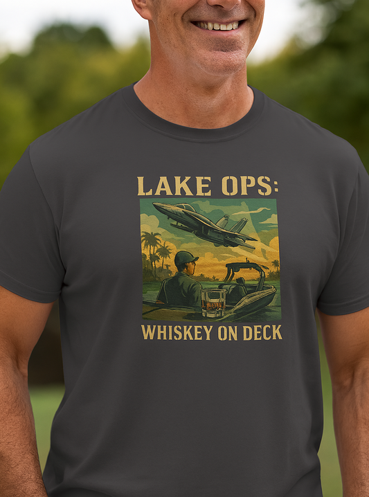 Garment-Dyed Comfort Tee For Adults featuring 'Lake Ops: Whiskey on Deck' graphic, ideal for casual wear, available in various colors and sizes.