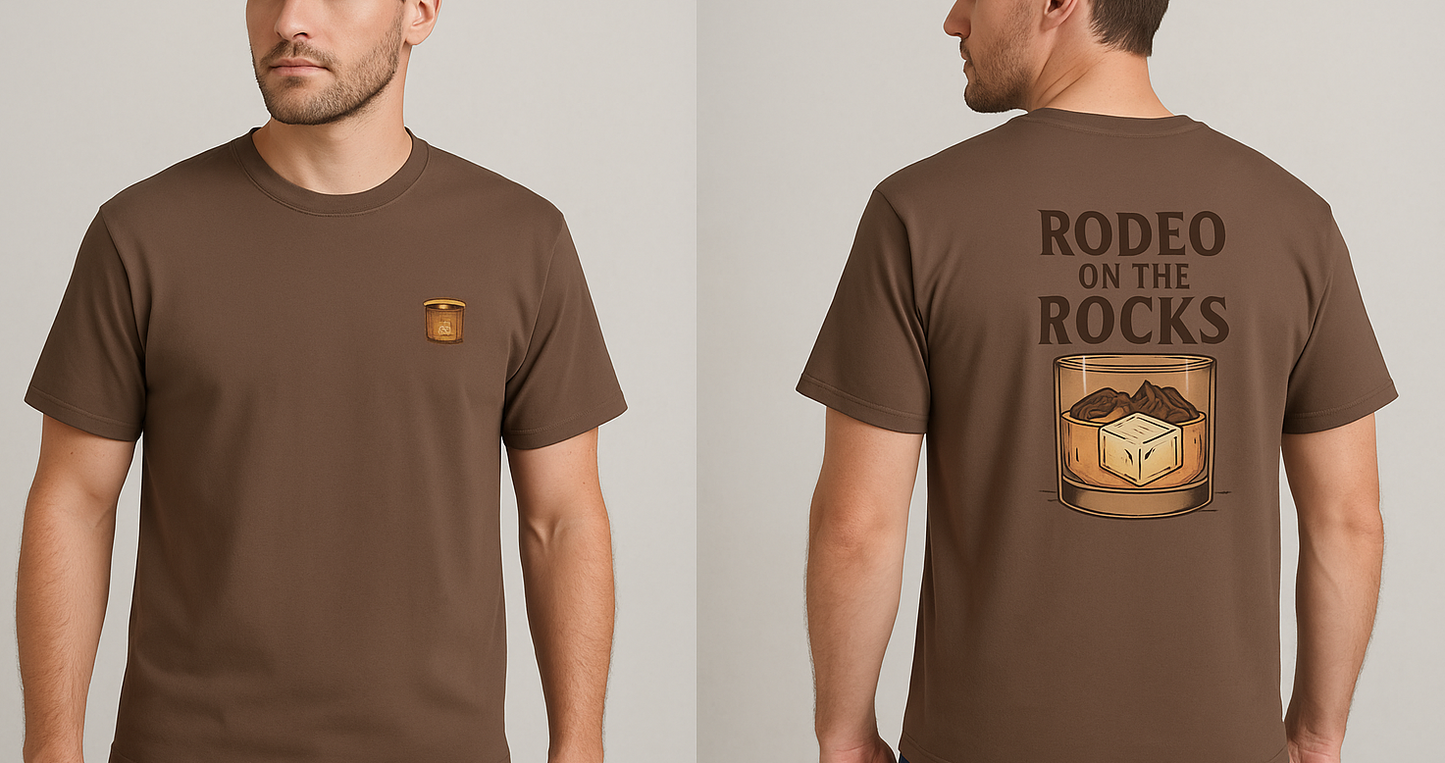 Rodeo On The Rocks Tee featuring a stylish graphic of a drink on the front and back, made from soft 100% US cotton, available in multiple sizes from S to 4XL for a perfect fit.