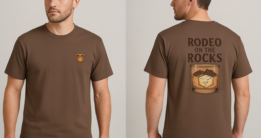 Rodeo On The Rocks Tee featuring a stylish graphic of a drink on the front and back, made from soft 100% US cotton, available in multiple sizes from S to 4XL for a perfect fit.