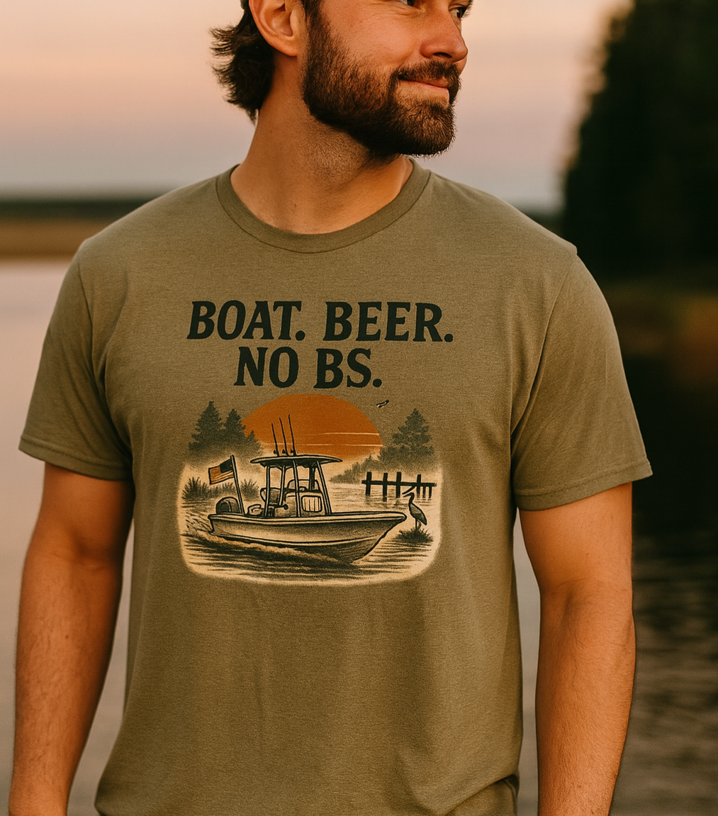 Boat Beer No BS Tee featuring a scenic boat design at sunset, perfect for casual outings and outdoor adventures.