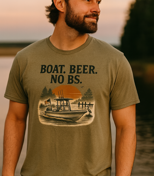 Boat Beer No BS Tee featuring a scenic boat design at sunset, perfect for casual outings and outdoor adventures.