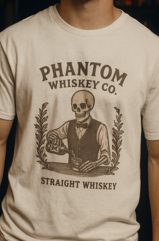 Vintage Skull Whiskey Lover Unisex Tee featuring a skeleton in a vest holding a whiskey glass. Perfect for casual parties and a unique Halloween gift.