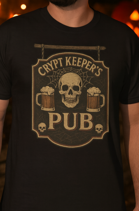 Crypt Keeper's Pub Tee featuring a graphic design of a skull and beer mugs, ideal for Halloween, pub crawls, and casual wear.