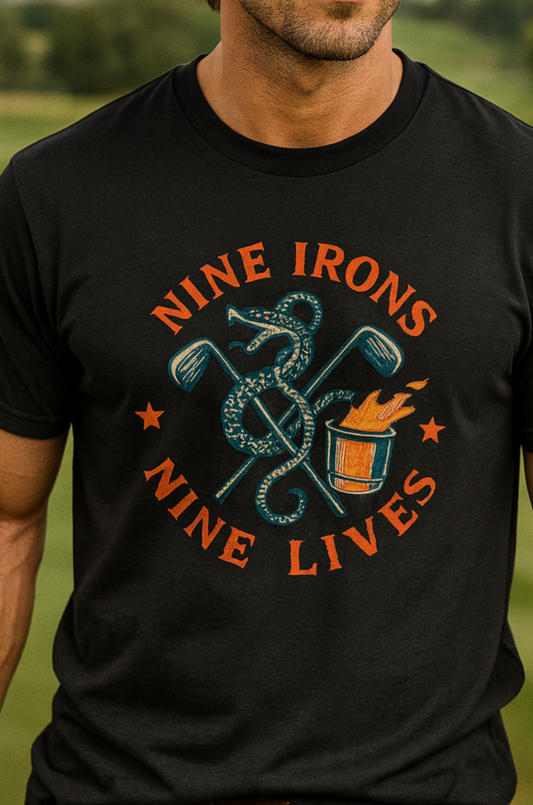Golf-Themed 100% Cotton T-Shirt featuring a unique design with a snake, golf clubs, and a flaming bucket, ideal casual wear for golf lovers and a perfect gift for dads.