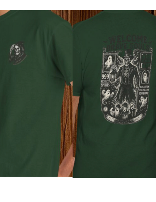 Spooky Halloween Graphic Tee featuring a unique ghost design, showcasing the front and back of the unisex cotton shirt, perfect for casual wear.