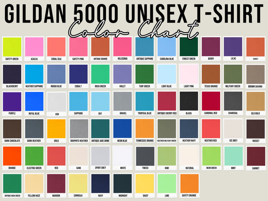 Gildan 5000 Unisex T-Shirt Color Chart showcasing a variety of vibrant colors available for customizations, ideal for trendy casual wear.