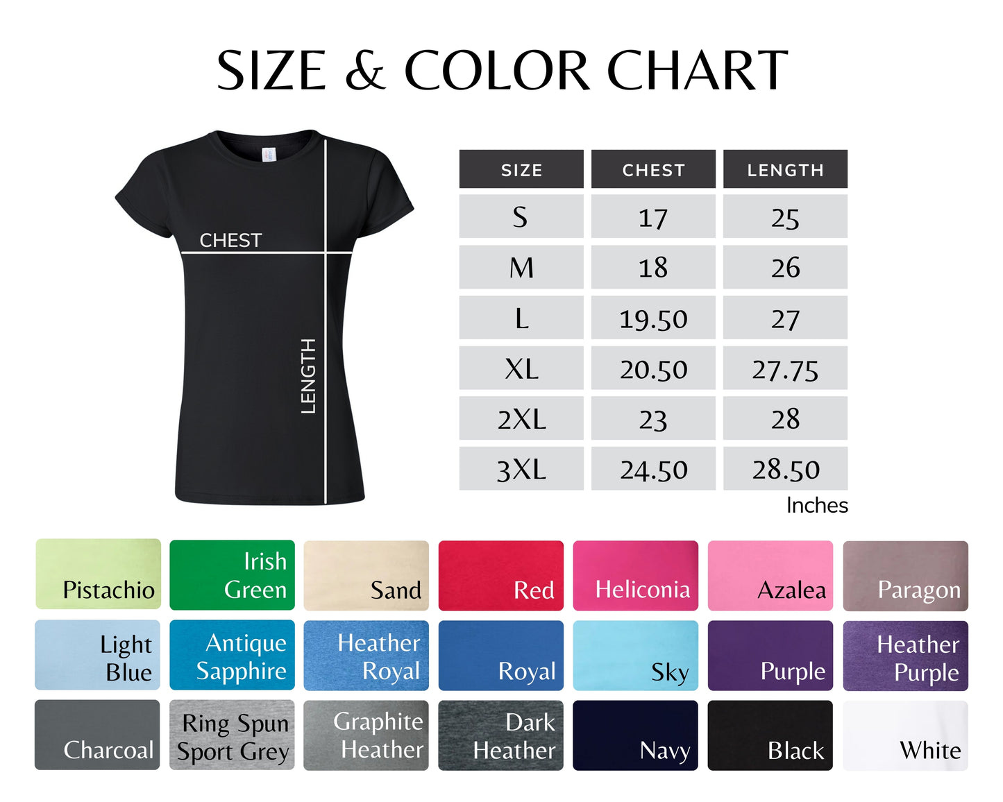 Size and color chart for funny Pilates t-shirts, showcasing various sizes and colors available for a comfortable classic fit.