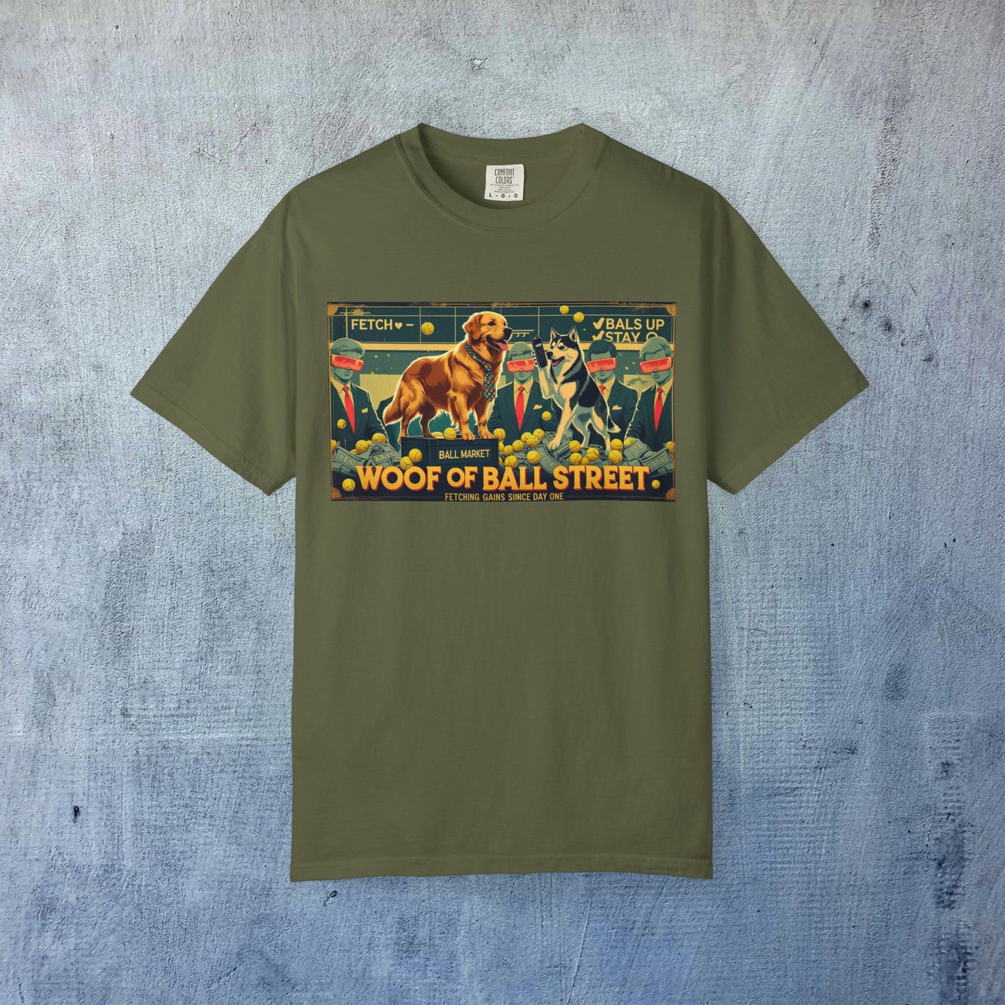 Sleek Woof of Ball Street T-Shirt in olive green displaying charming dog and cat artwork, great for everyday comfort.