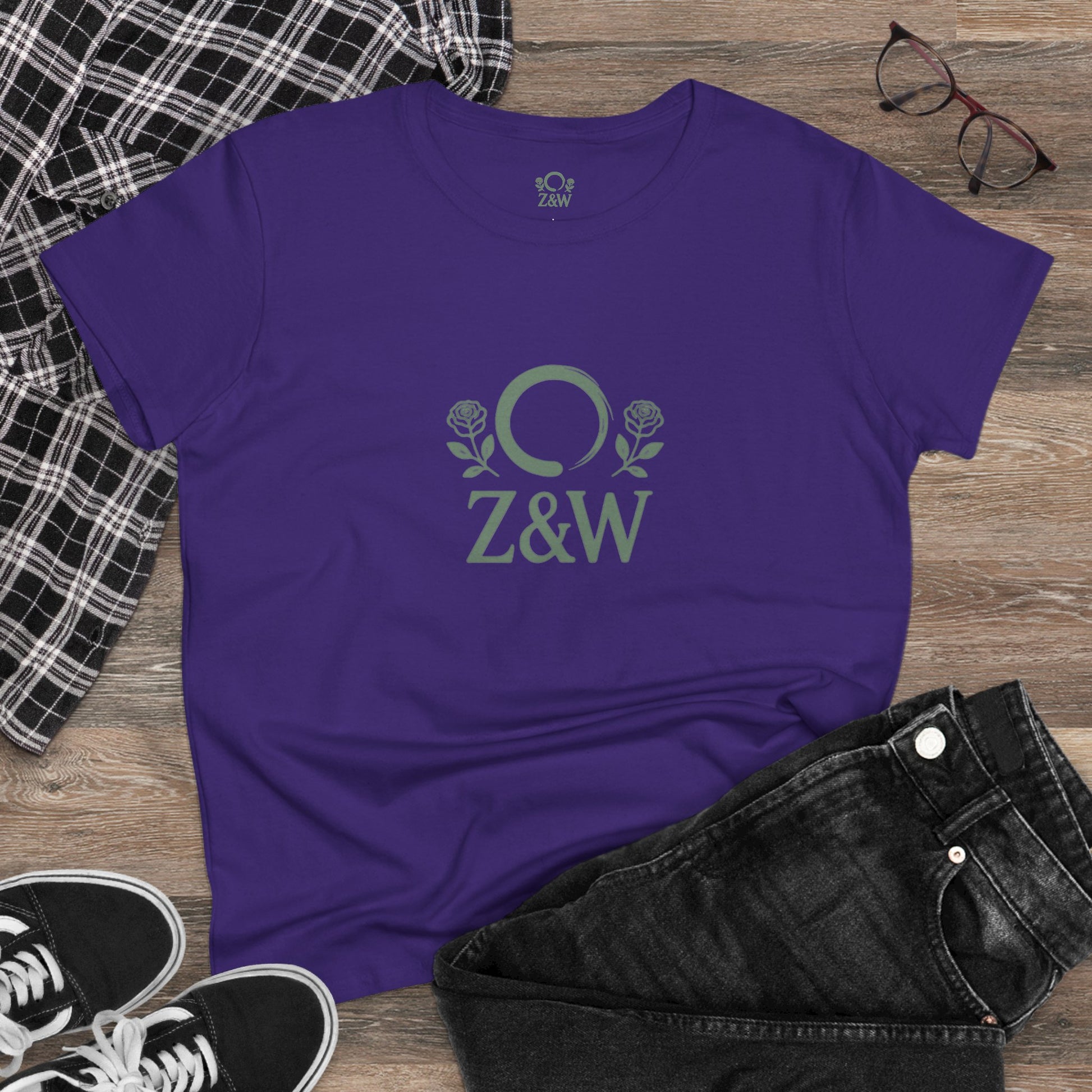 ZenAndWhiskey Classic 100% Cotton Tee in purple, featuring Z&W logo with roses, perfect for casual wear.