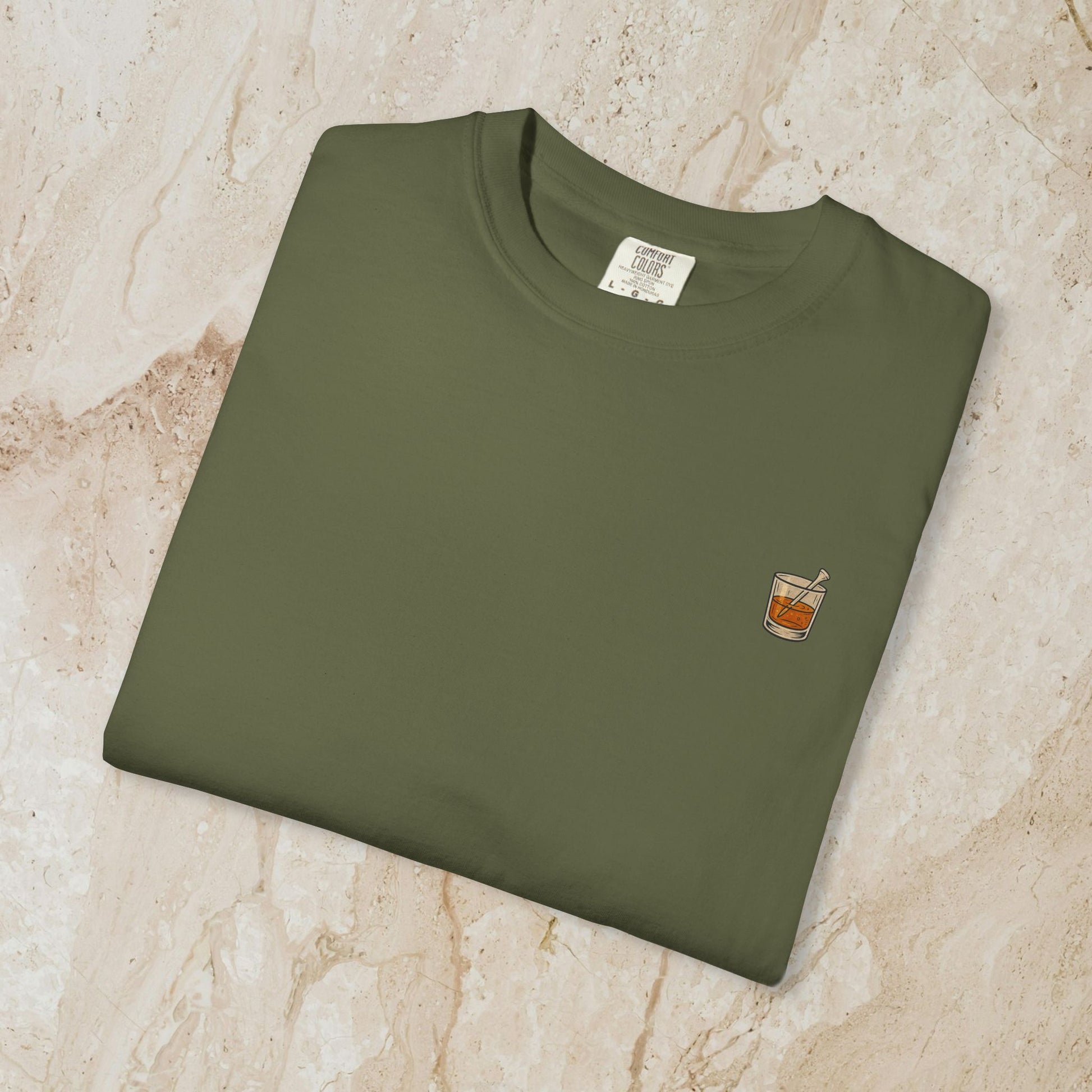 Golden Whiskey Dog Tee - Unique Vintage Style, 100% Cotton, Relaxed Fit with Left Chest Pocket in olive color, showcasing a subtle chest pocket graphic.