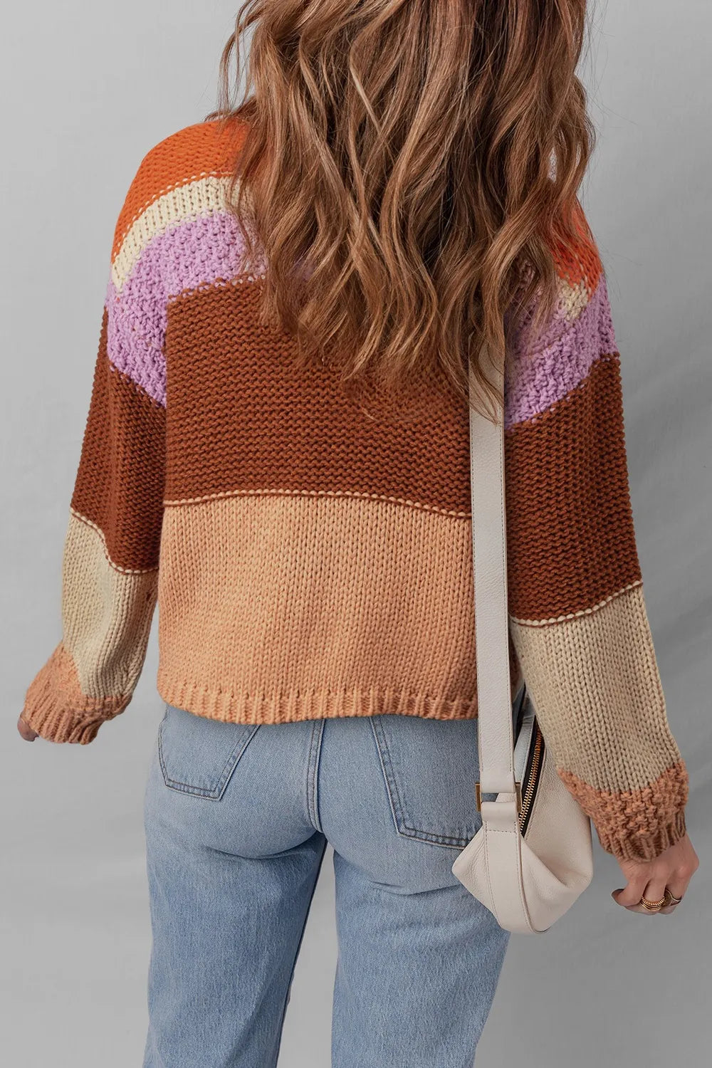 Stylish Colorblock Striped Sweater with Round Neck - View of the back of a model in a vibrant, chunky knit sweater with colorblock stripes in brown, purple, and cream.