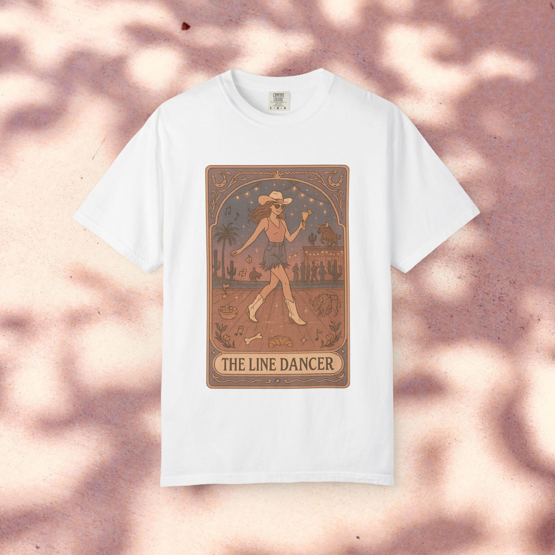Line Dancer Tarot Tee in white, featuring a unique design with a whimsical line dancer graphic, perfect for casual wear, made from soft cotton, sizes S-4XL, ethically crafted.