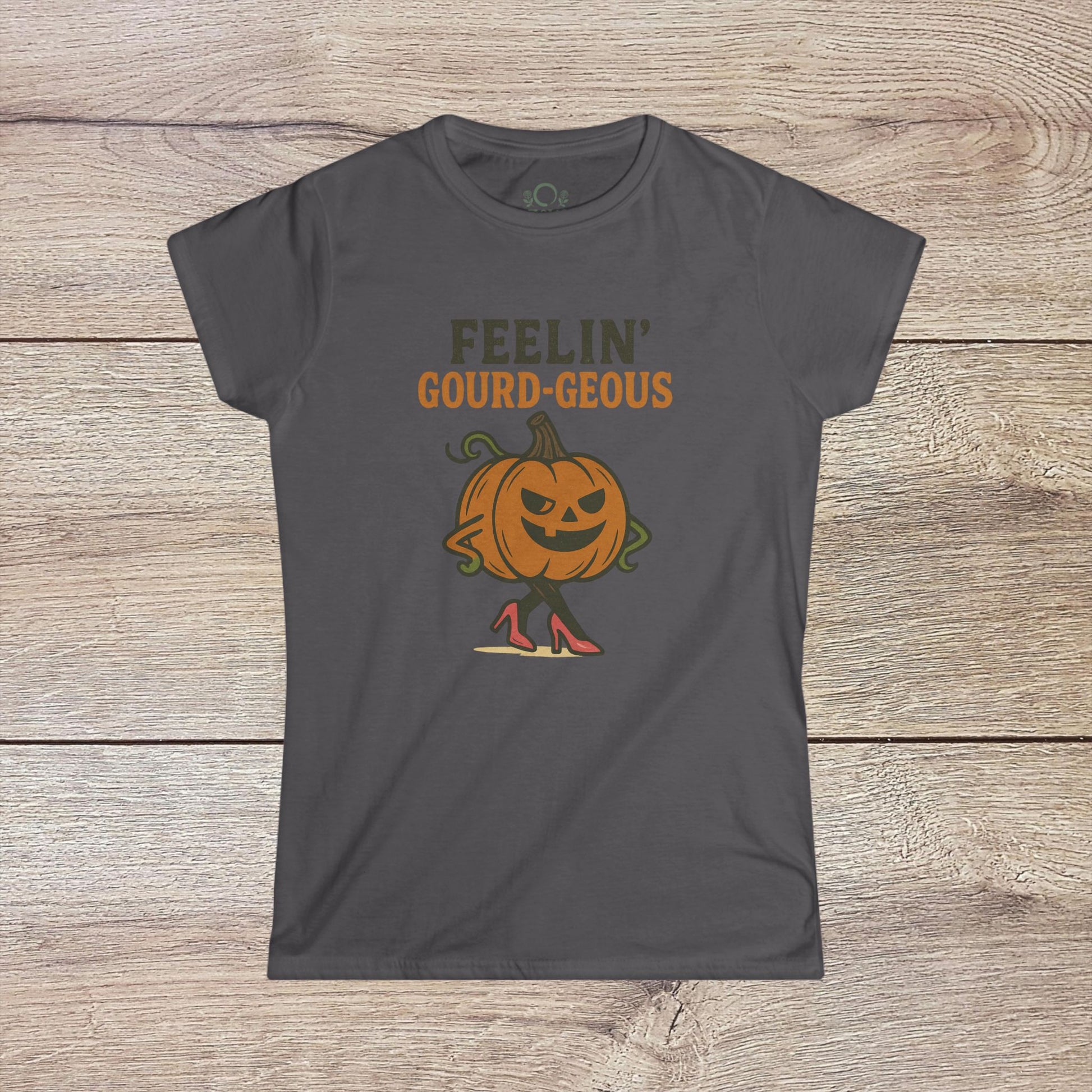 Gourd-geous Halloween Pumpkin T-Shirt in charcoal gray, highlighting a stylish pumpkin in heels, great for casual fall fashion and spooky themed outfits.