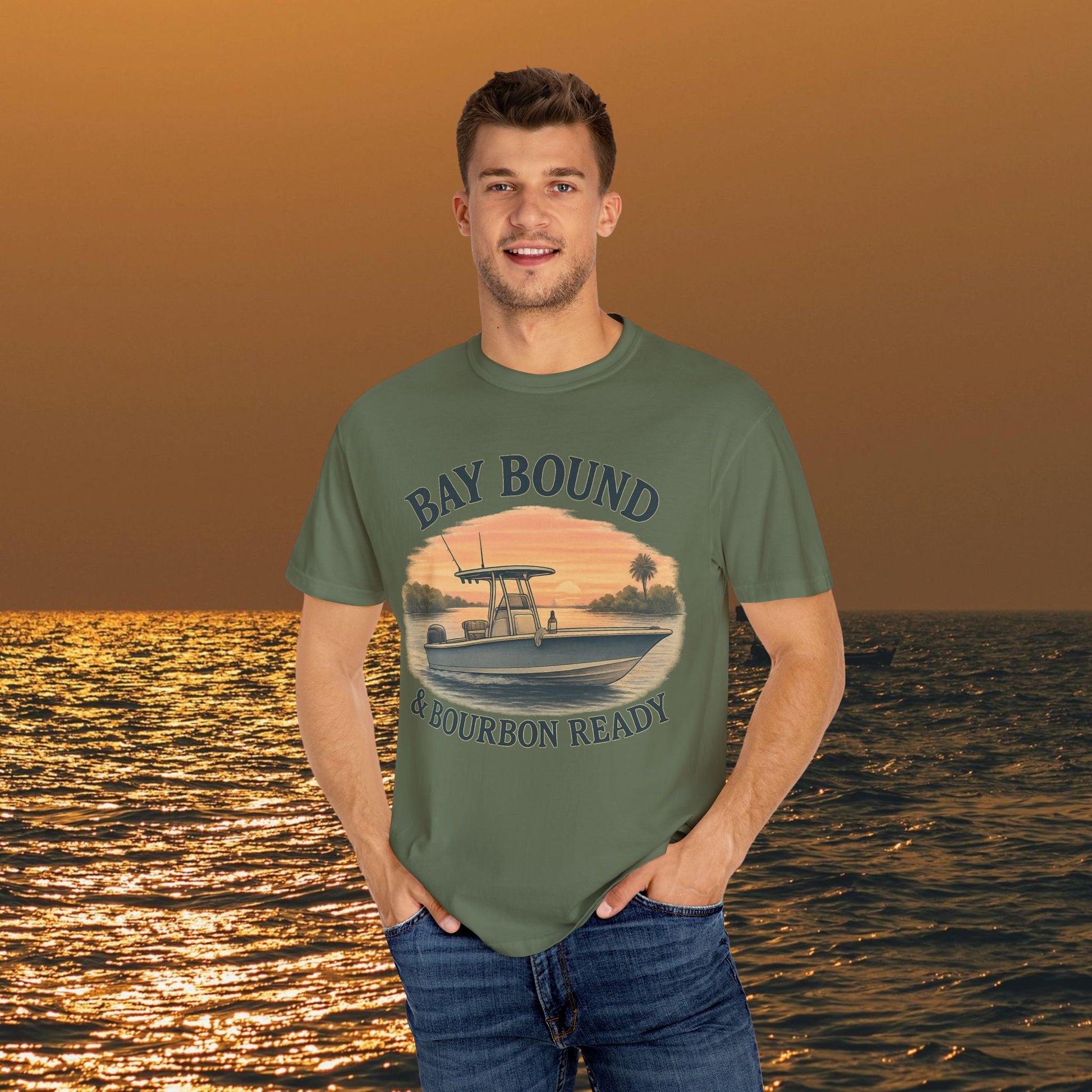 Model wearing Bay Bound T-Shirt for Summer, ideal for outdoor adventures, features a vibrant boat design, available in sizes S-4XL.