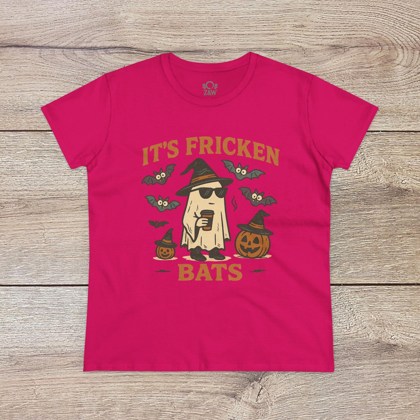 Halloween Unisex T-Shirt in bright fuchsia displaying a cheerful ghost with bats and pumpkins. Made from 100% cotton, an excellent choice for trick-or-treating.