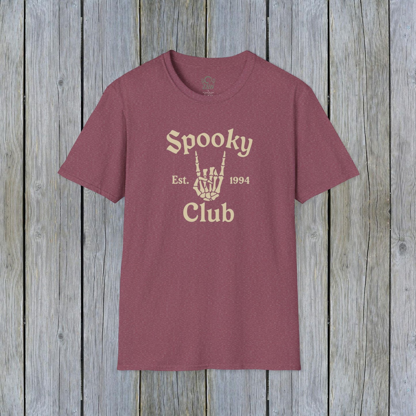 Unisex Spooky Club Tee in maroon, crafted from premium 100% cotton, displaying a skeleton hand motif and 'Spooky Club Est. 1994' writing, perfect for a spooky seasonal vibe.