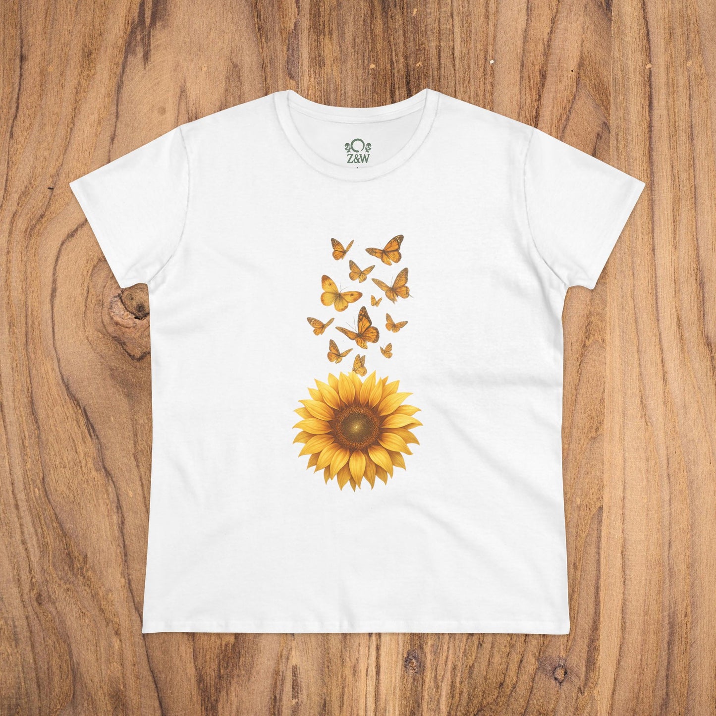 Sunflower & Butterflies Cotton Tee for Women in white, crafted from 100% breathable cotton with a beautiful sunflower and butterfly graphic.
