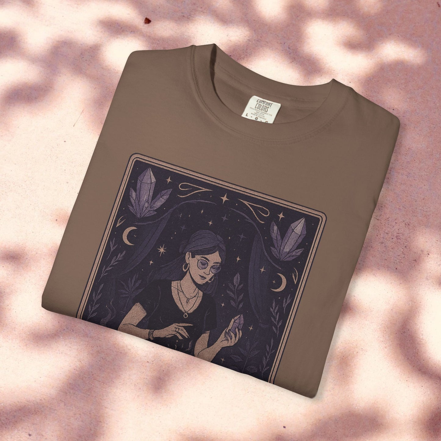 Intuitive Tarot Tee in rich brown color showcasing a captivating illustration of a crystal-gazing woman, perfect for tarot lovers and casual wear.