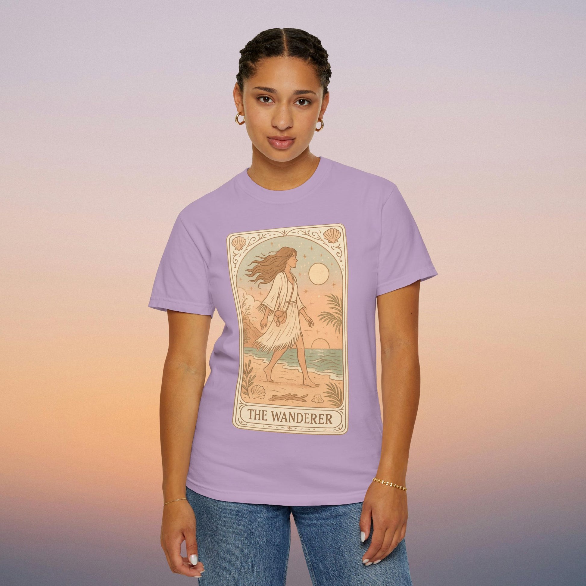 Wanderer Tarot Graphic Tee in vibrant purple, showcasing The Wanderer artwork. Made from high-quality 100% cotton, this tee is ethically produced and available in sizes S to 4XL for ultimate comfort.