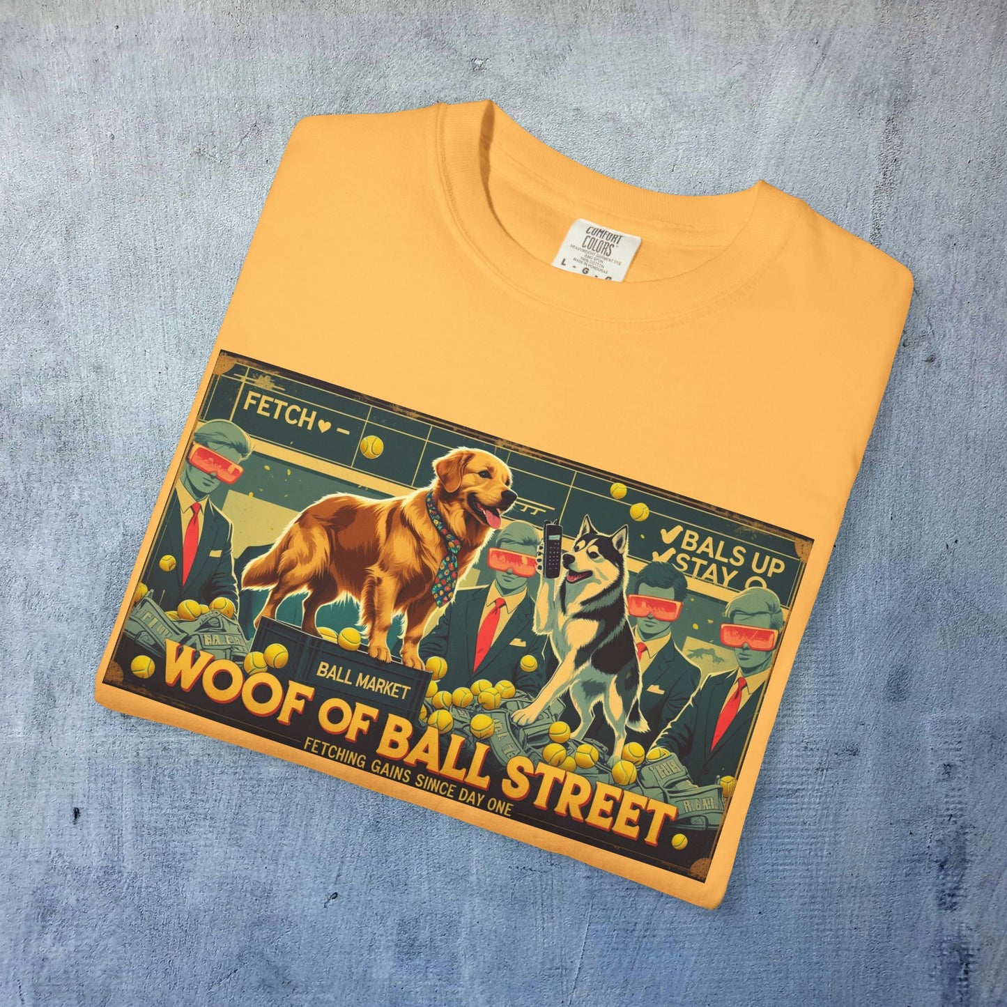 Sleek Woof of Ball Street T-Shirt displayed flat in bright yellow, featuring a fun illustration with dogs, made from 100% cotton for a comfortable and stylish wear.