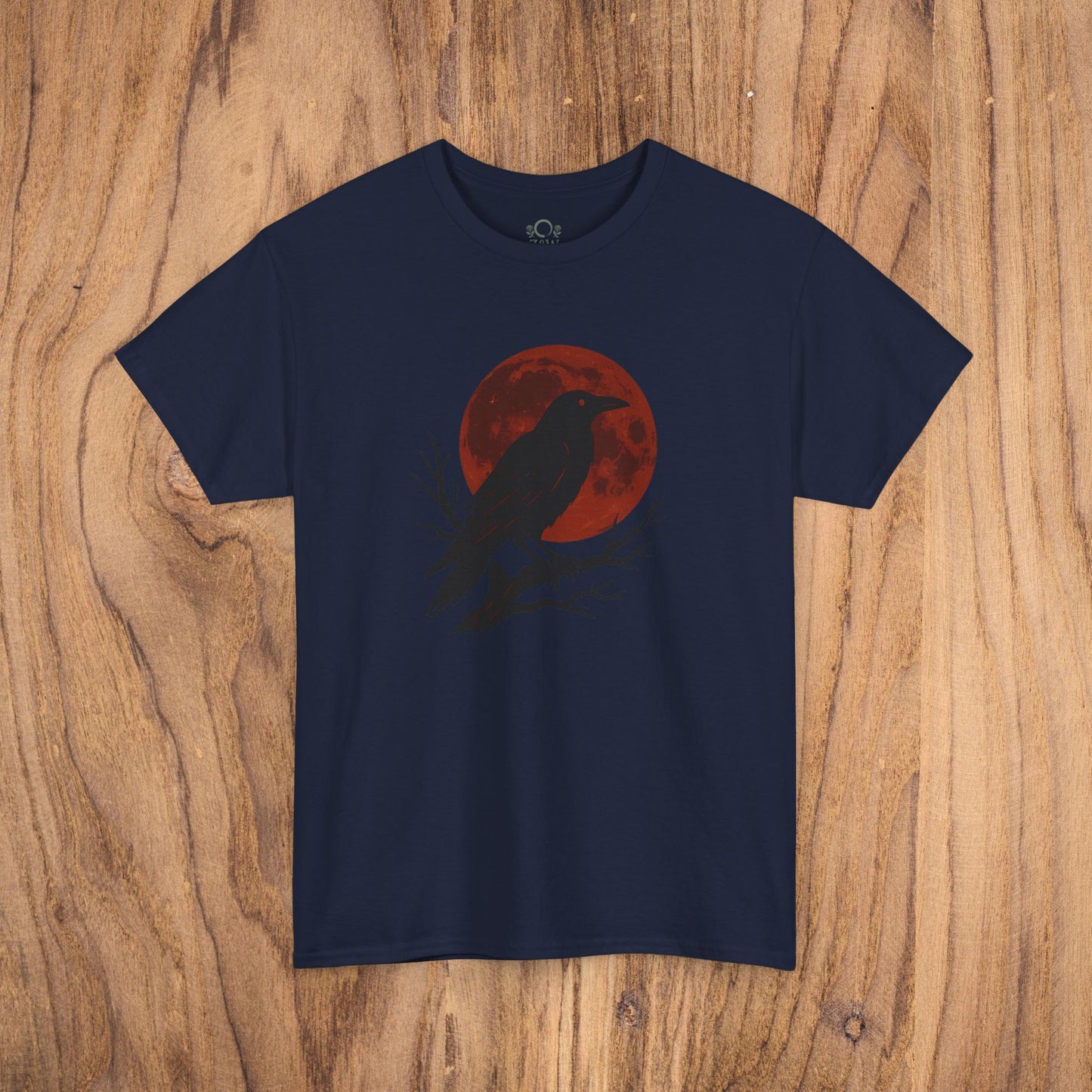 Gothic Raven T-Shirt in navy blue, showcasing a striking raven silhouette with a red moon background, ideal for unique spooky gifts and Halloween attire.