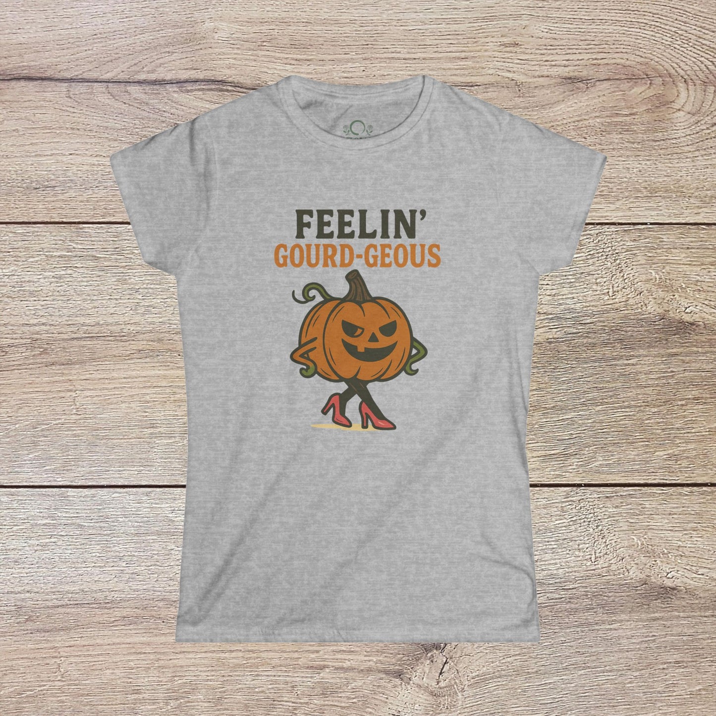 Gourd-geous Halloween Pumpkin T-Shirt in gray, displaying a chic pumpkin motif with stylish shoes. A fun addition to your fall wardrobe.