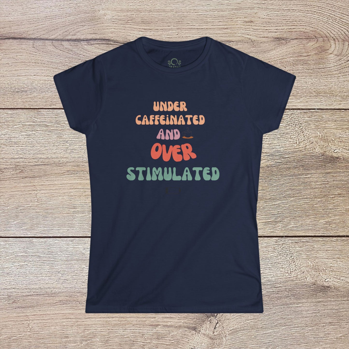 Under-Caffeinated Over-Stimulated Hoodie in deep navy shade with creative text, highlighting a large kangaroo pouch and adjustable drawstring for enhanced comfort.