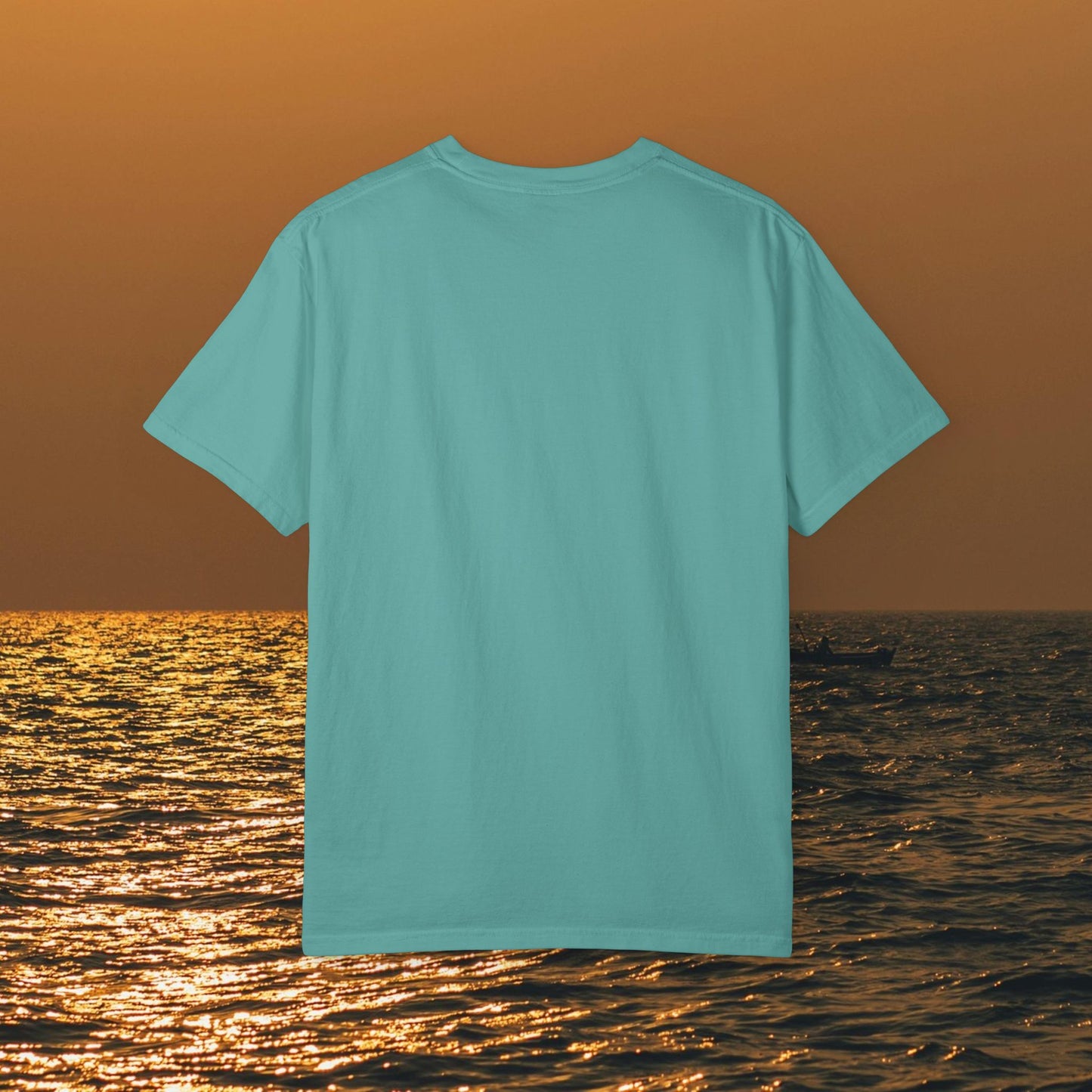 Back view of a Bay Bound boating t-shirt in teal color, perfect for summer outings and enjoying days at the beach.