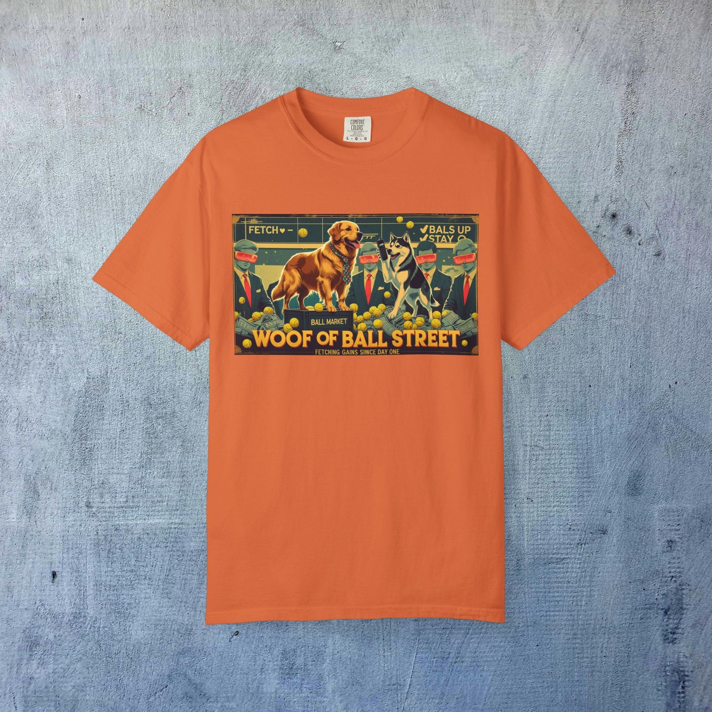 Sleek Woof of Ball Street T-Shirt in bright orange with whimsical dog and cat designs, ideal for animal enthusiasts.
