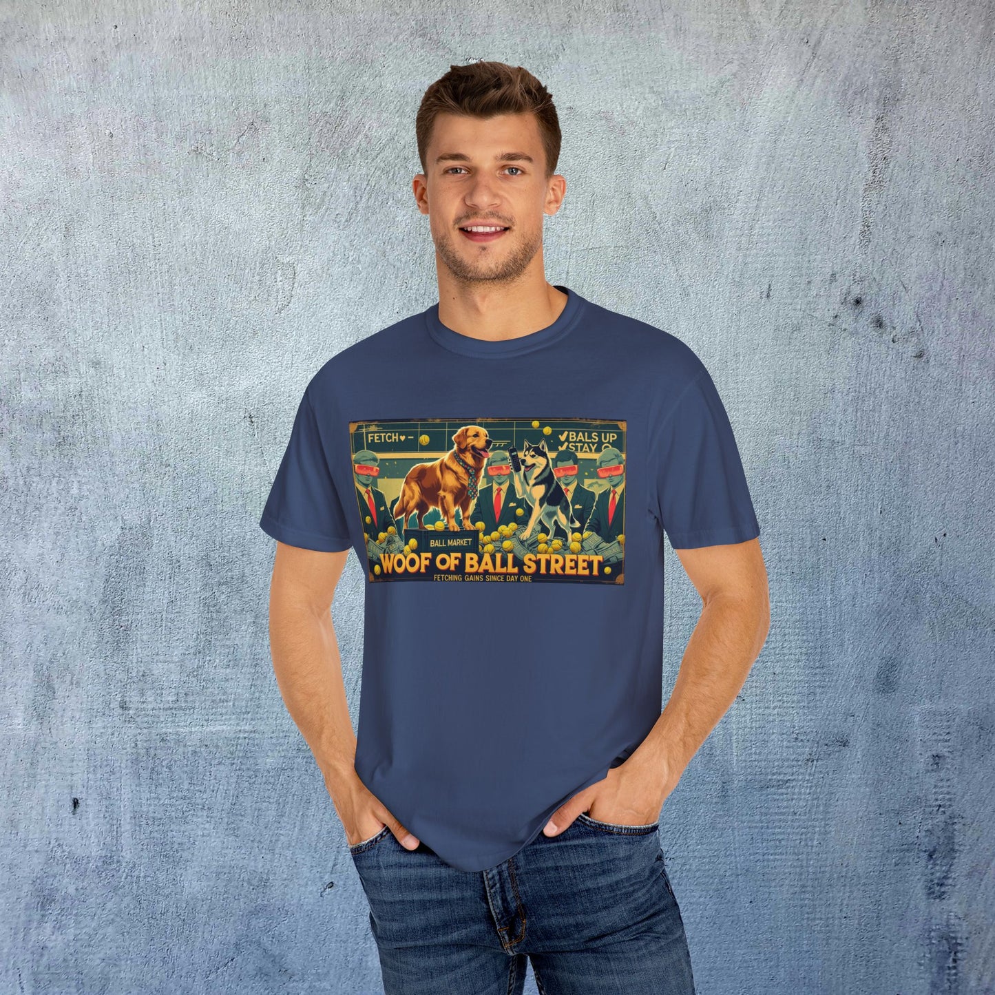 Casual model wearing Sleek Woof of Ball Street T-Shirt in navy blue, showcasing the unique graphic design featuring playful dogs and stock market themes.