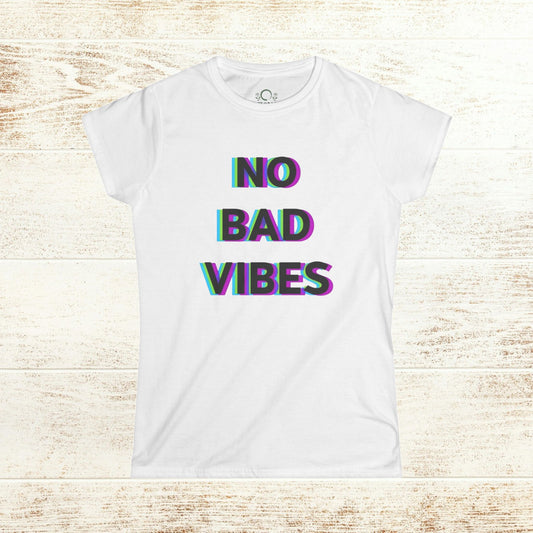 No Bad Vibes Tee in white color, crafted from sustainable materials with a striking design encouraging a good vibe mindset.