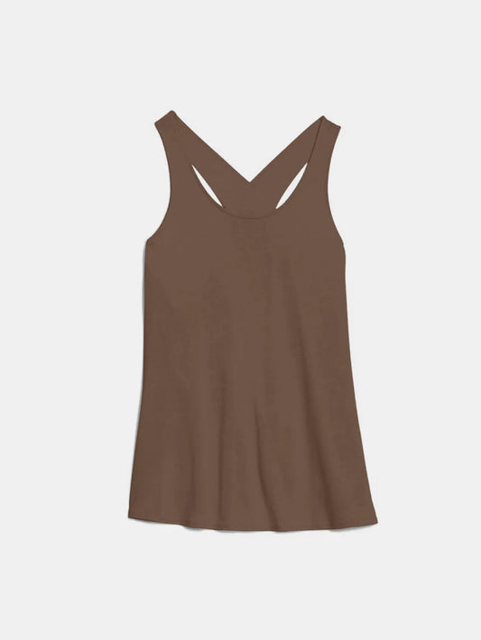 Crisscross Scoop Neck Tank Top for Active Wear in brown color with a stylish crisscross back design, perfect for workouts.