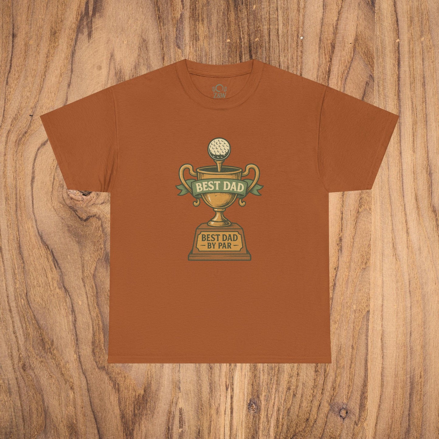 Best Dad Trophy T-Shirt in rustic orange color presenting a unique golf trophy print with 'Best Dad by Par', ideal for casual wear and gifting.