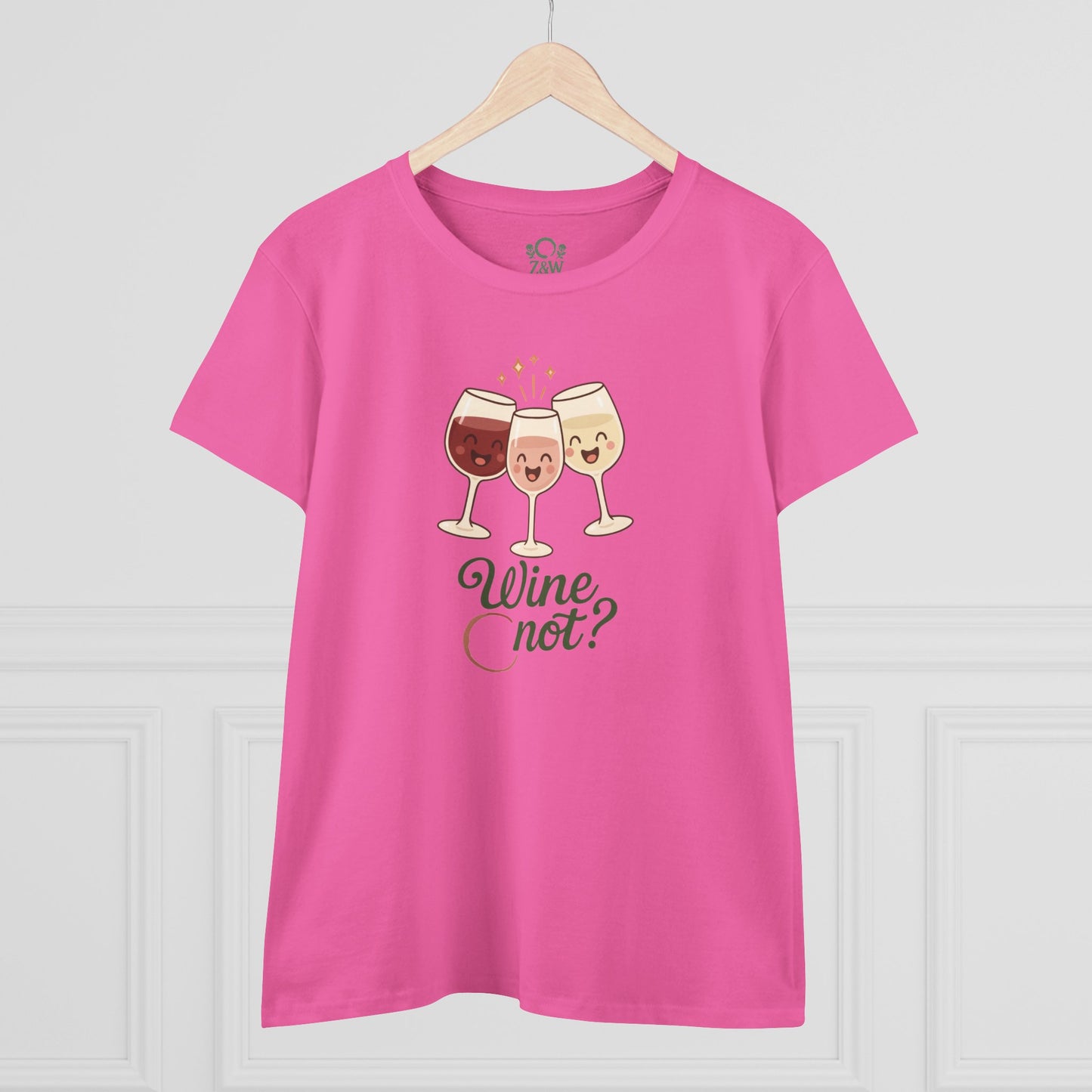 Wine Not Tee in bright pink color, featuring a fun wine glasses illustration designed to bring joy to wine enthusiasts.