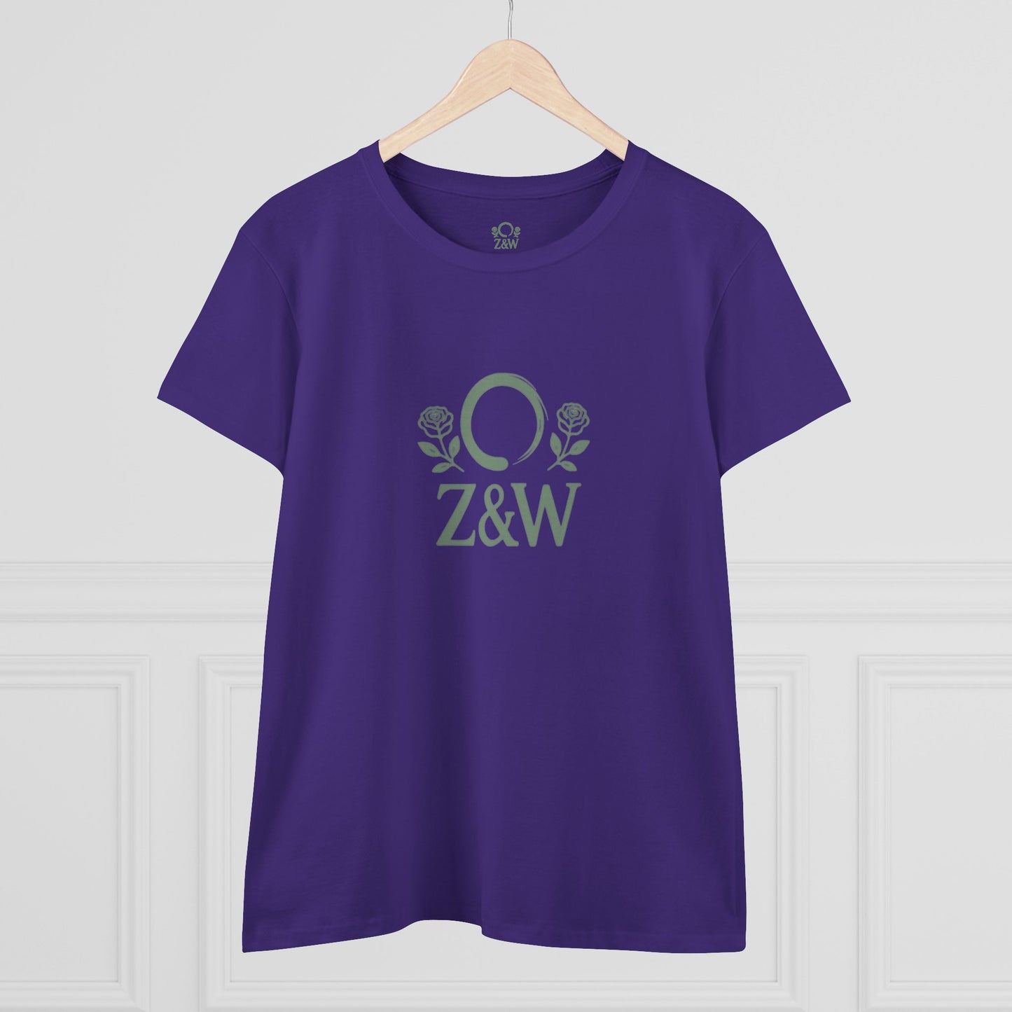 Front view of ZenAndWhiskey Classic 100% Cotton Tee in purple, featuring the elegant Z&W logo with roses, perfect for casual wear.