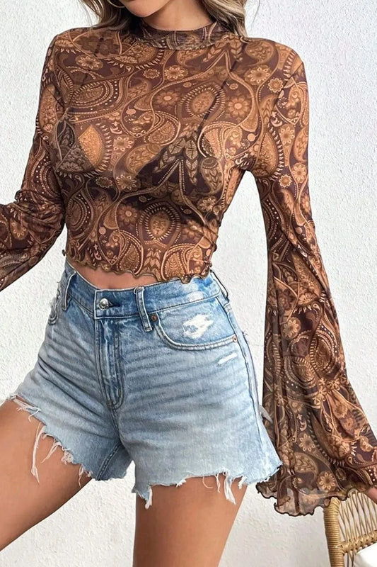 Sheer Printed Mock Neck Top with Flare Sleeves - Slightly Stretchy Casual Style paired with distressed denim shorts, showcasing a stylish and relaxed outfit for a trendy summer look.