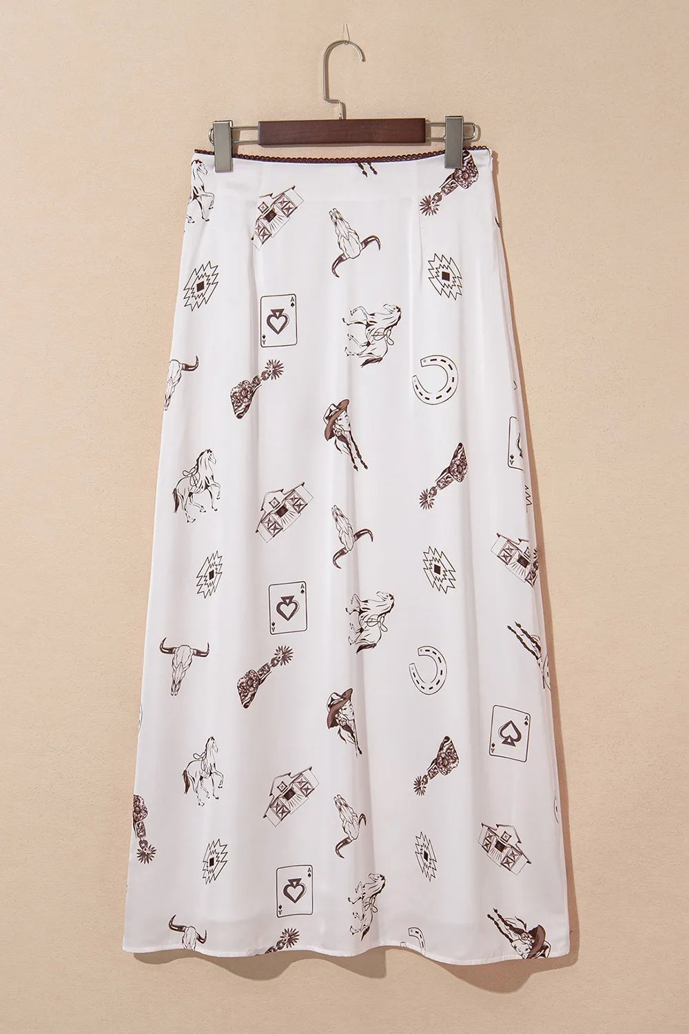 Another angle of Trendsi Western Print Satin Long Skirt, emphasizing its chic design and the playful print details.