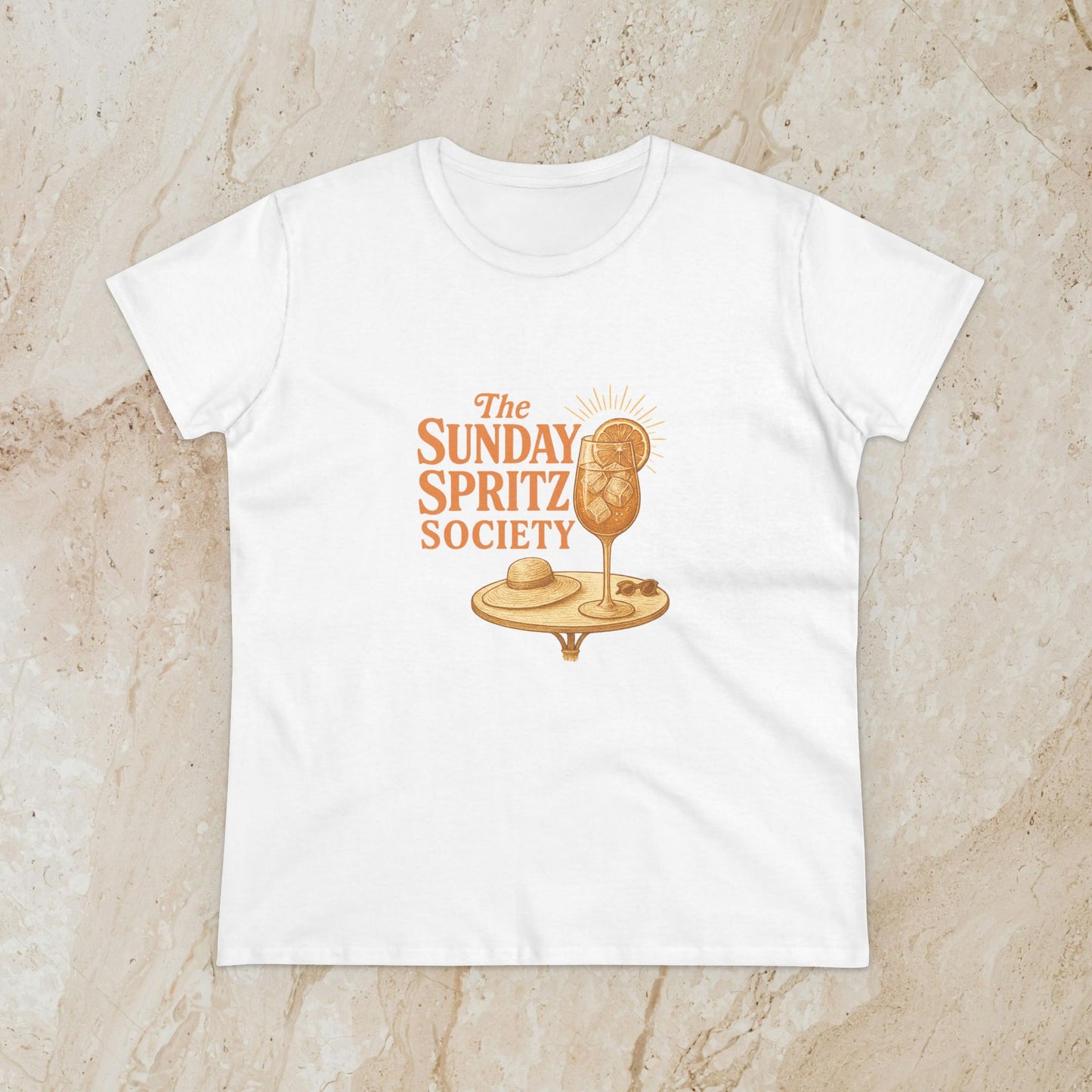 Women's Midweight Cotton Tee featuring 'The Sunday Spritz Society' design in white, ideal for casual wear and summer outings.