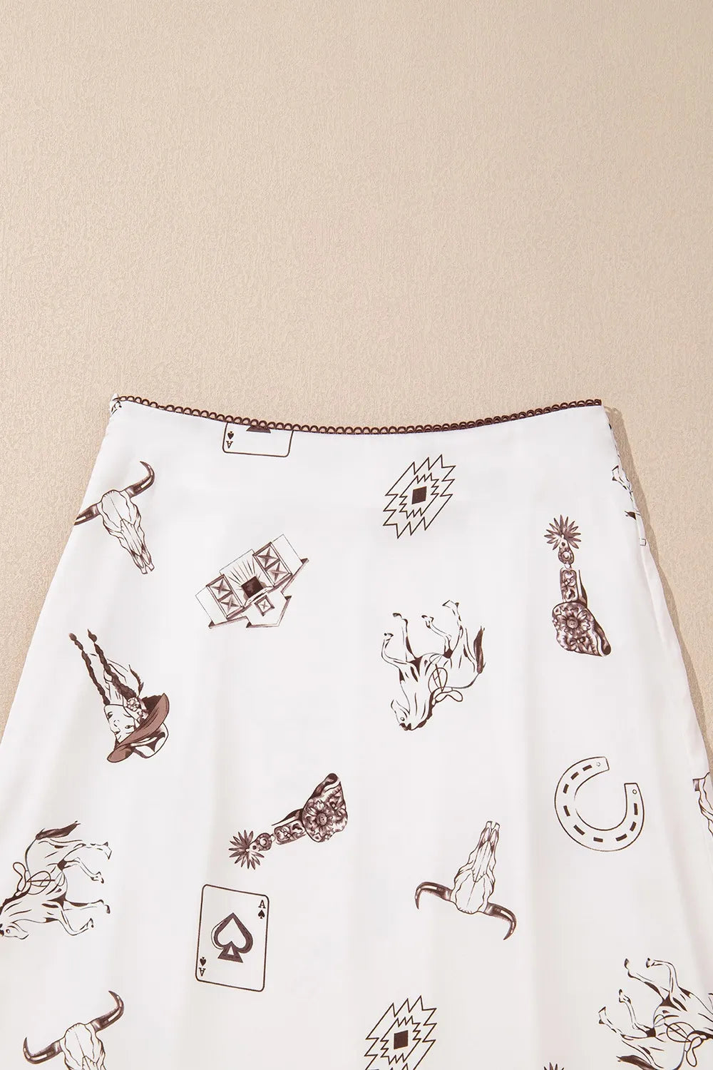 Trendsi Western Print Satin Long Skirt featuring vibrant western-themed patterns, perfect for an elegant style. Ideal for fashionable women who appreciate unique designs.