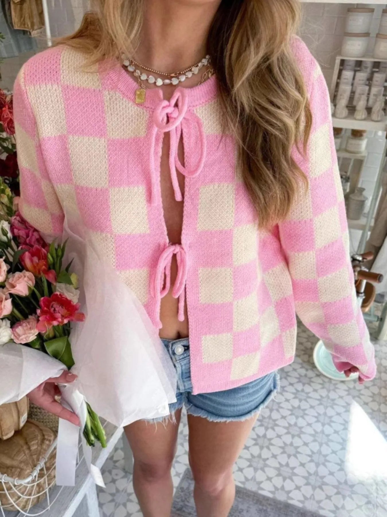 Checkered Tie-Front Cropped Cardigan for Women - Slightly Stretchy, 100% Polyester Fabric, displaying a vibrant pink and yellow checked design, perfect for spring fashion.