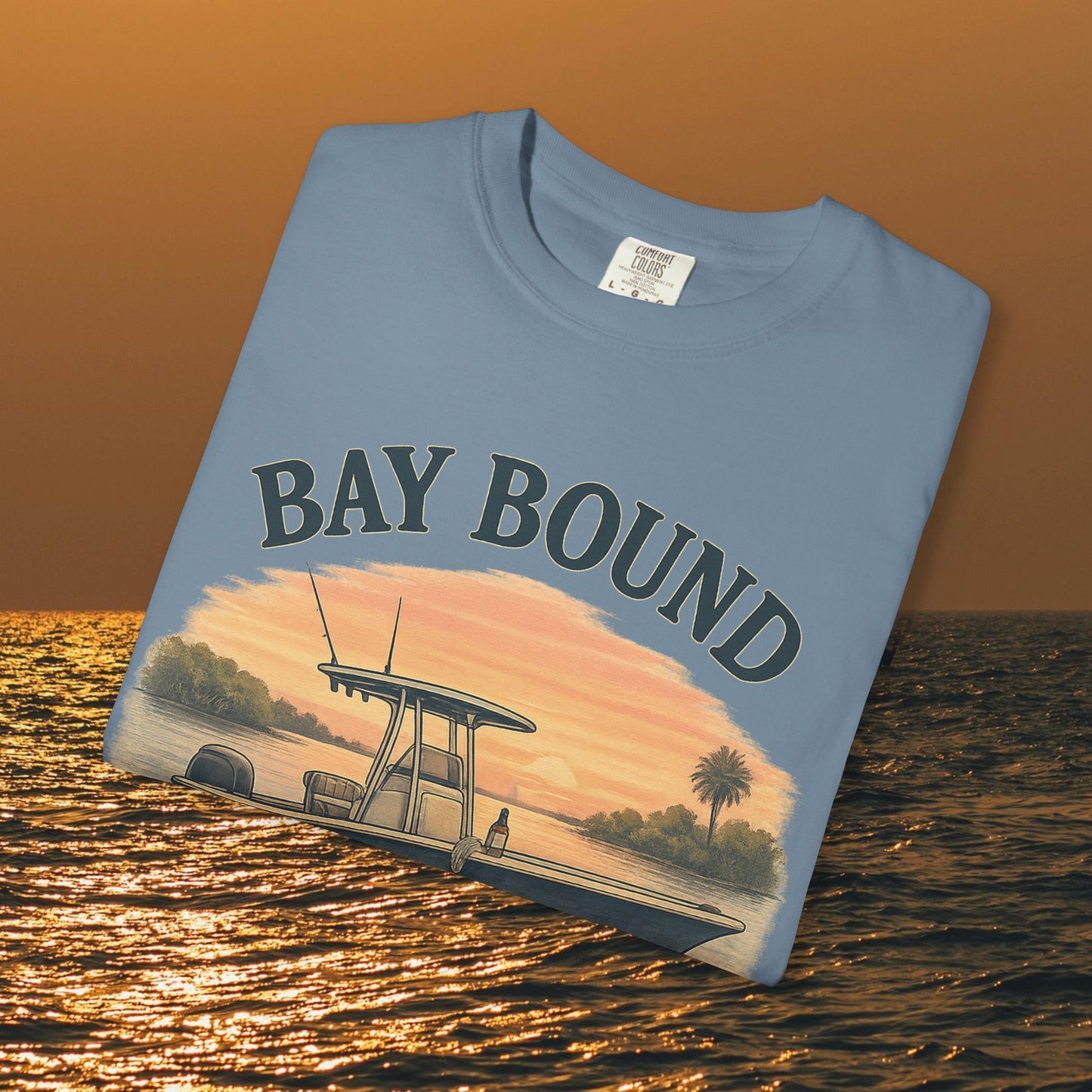 Front view of Bay Bound boating t-shirt for summer, showcasing a vibrant graphic design perfect for fishing and beach lovers.