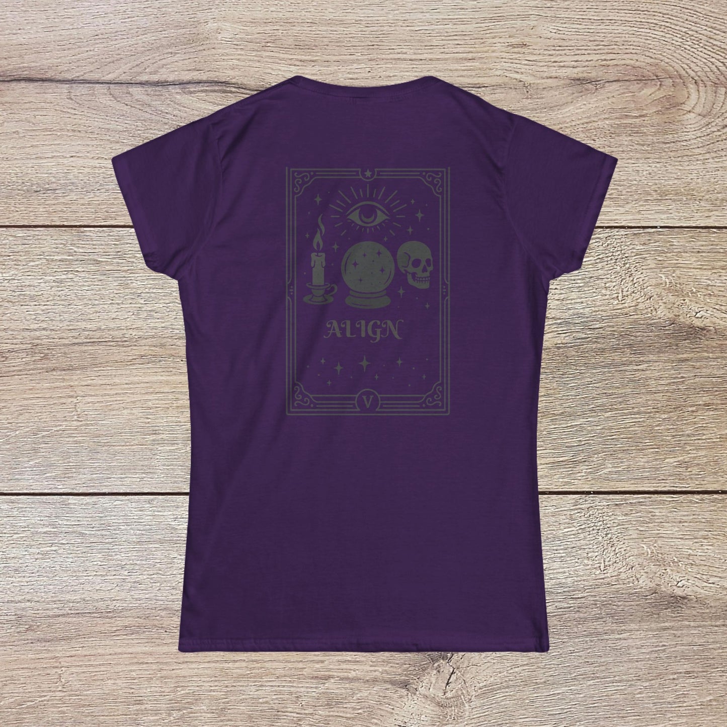 Eco-Friendly Align Tee in purple, displaying a stylish back design with mystical elements such as a candle and crystal ball, customizable with embroidery.
