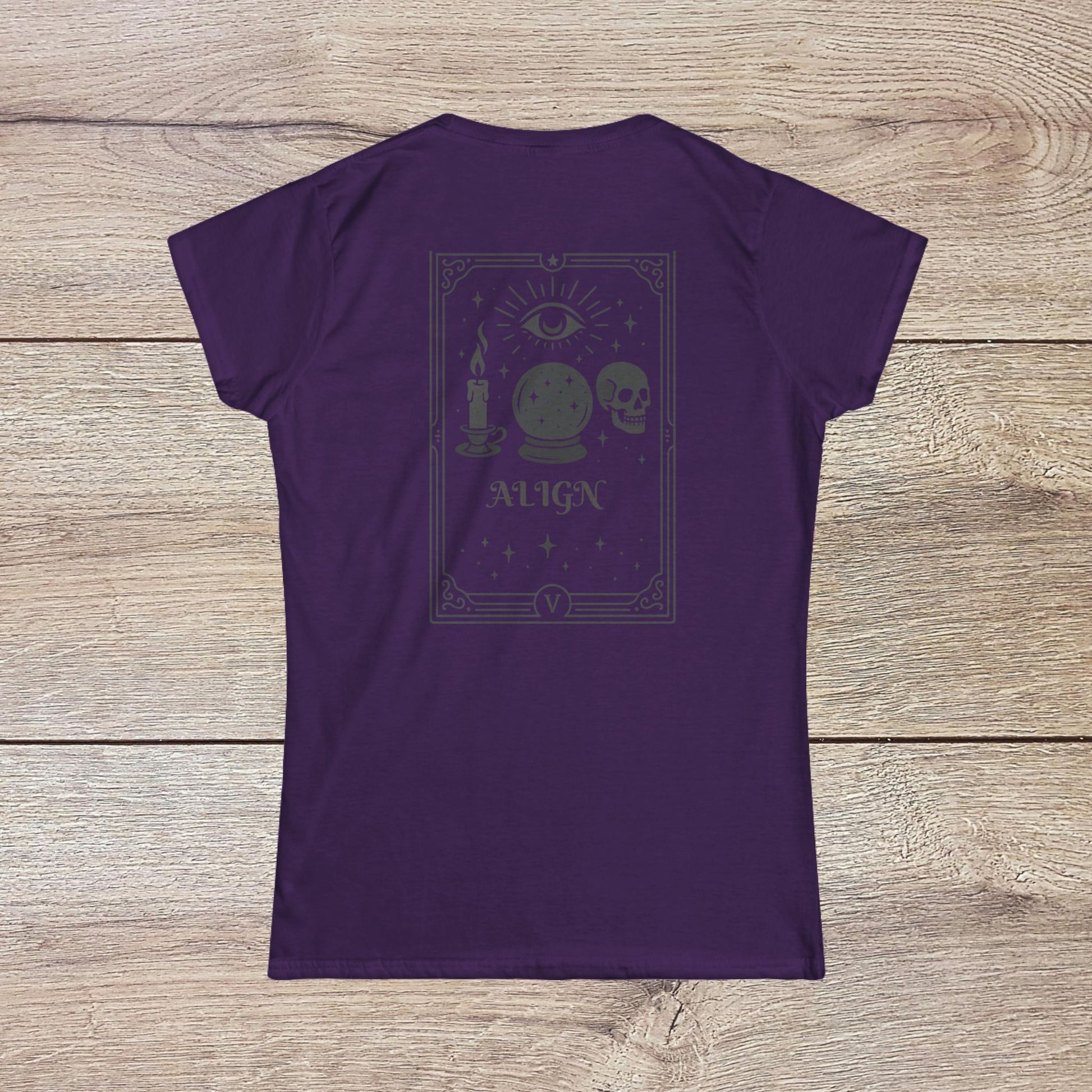 Eco-Friendly Align Tee in purple, displaying a stylish back design with mystical elements such as a candle and crystal ball, customizable with embroidery.