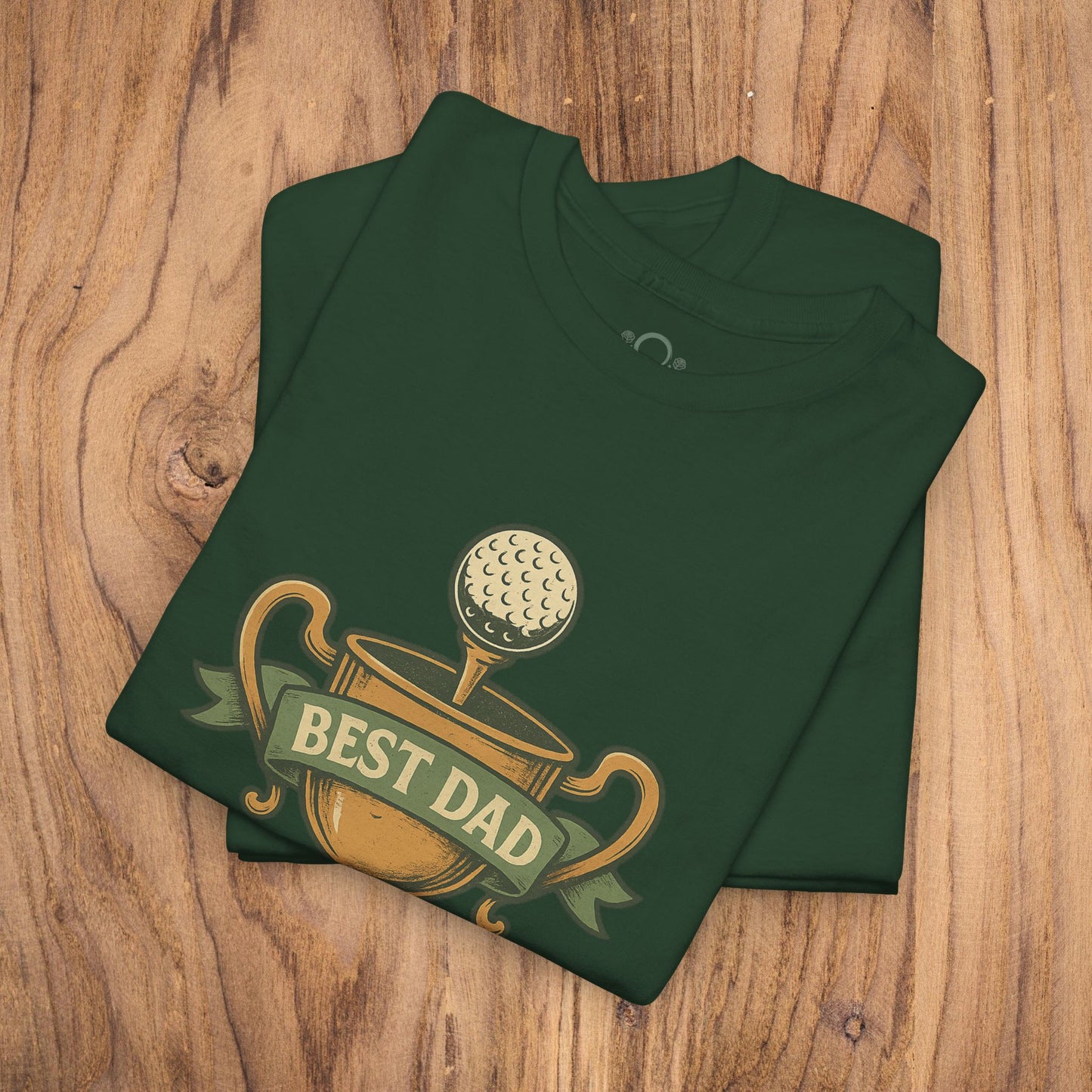 Best Dad Trophy T-Shirt in dark green featuring an eye-catching golf trophy print, made from durable and soft cotton material.